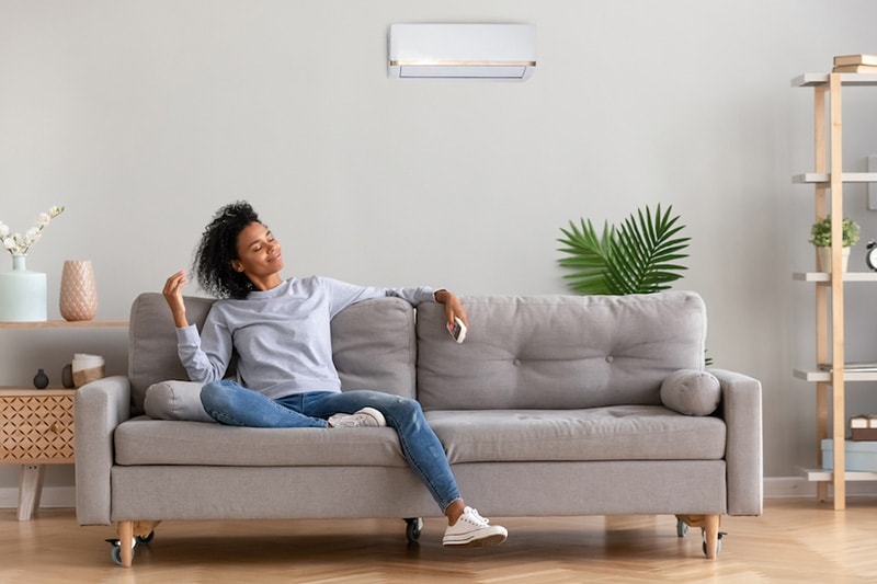 Blog Title: What Accessories Can Help With My Indoor Air Quality? Photo: Woman on the couch enjoying her time indoors.