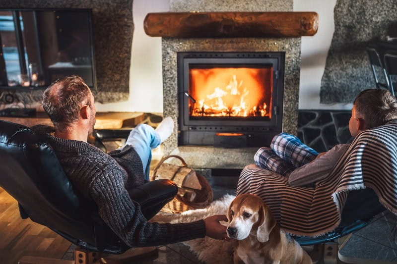 Father with son sitting in comfortable armchairs in their cozy country house near fireplace and enjoying a warm atmosphere and flame moves.