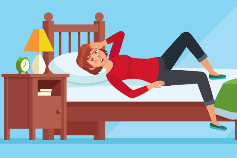 Cartoon image of a woman laying on her bed uncomfortably.